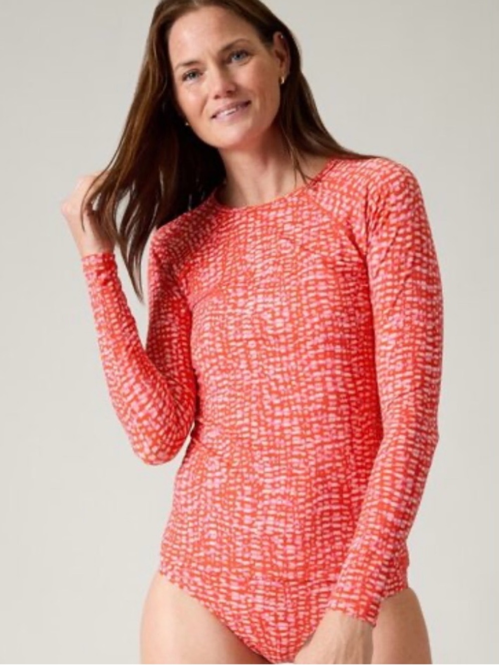 Athleta red and white Patterned Long Sleeve rash guard Top